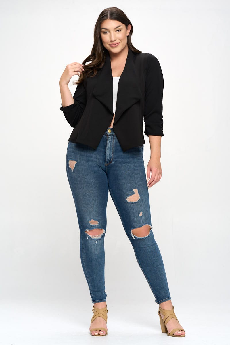 Women's Blazer Style Open Front 3/4 Ruched Sleeve
