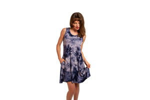 Women's A-line dress 2" above the knee sleeveless and side pockets.
