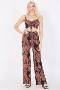 Women's Paisley Print Ruched Front  Crop Top and Wide Leg Pants Set