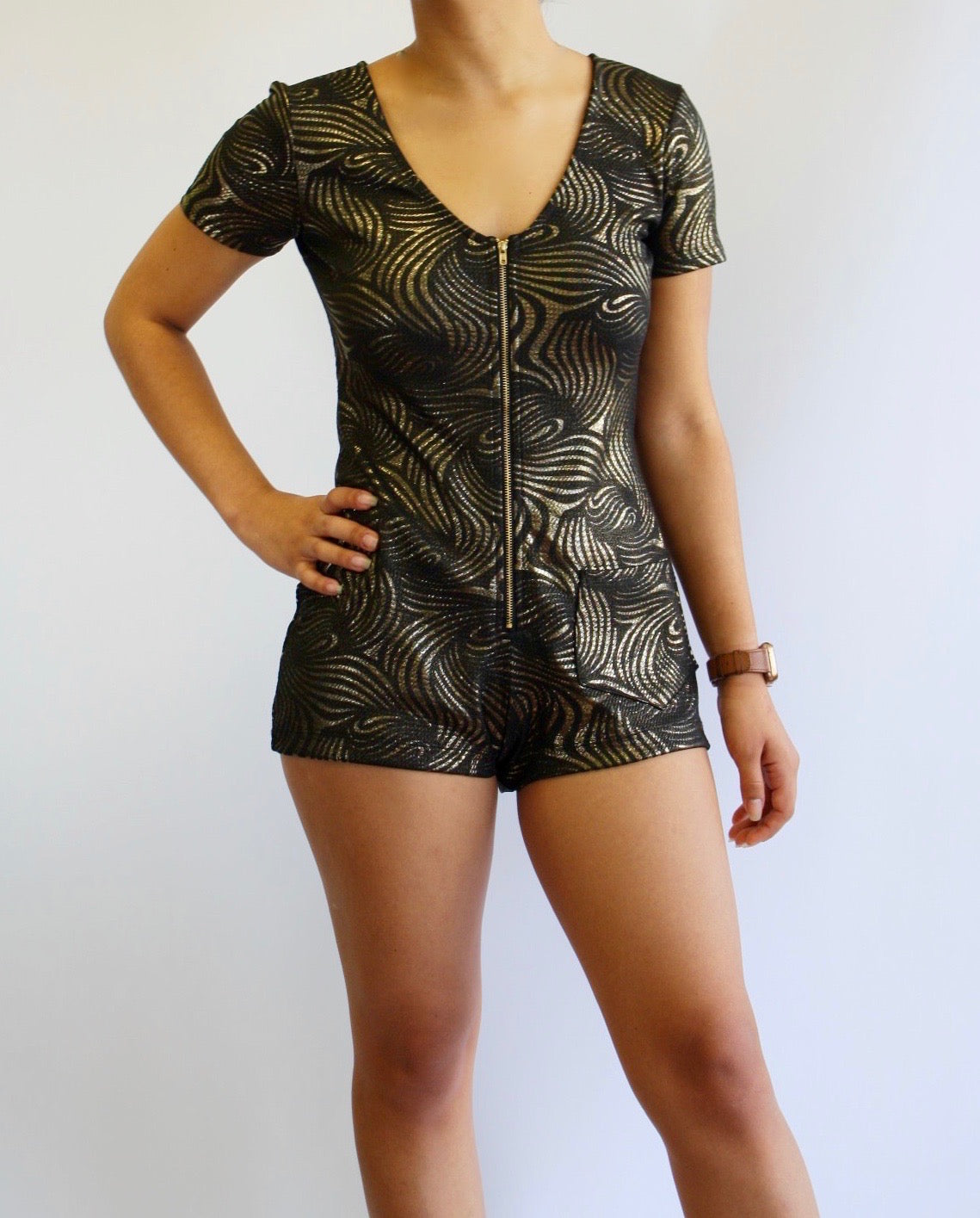 Romper with Front  Zipper and Patch Pocket.
