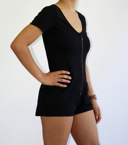 Romper with Front  Zipper and Patch Pocket.