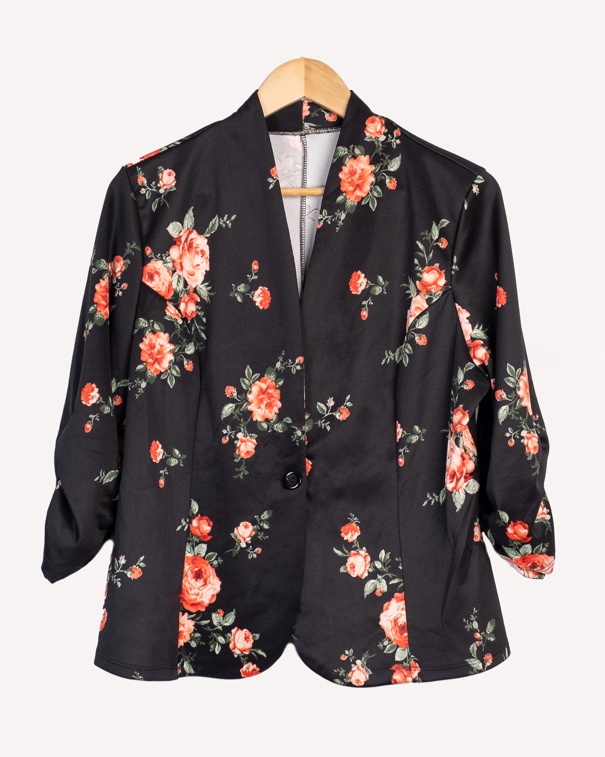 Women's 3/4 sleeve floral print ruched blazer jacket.