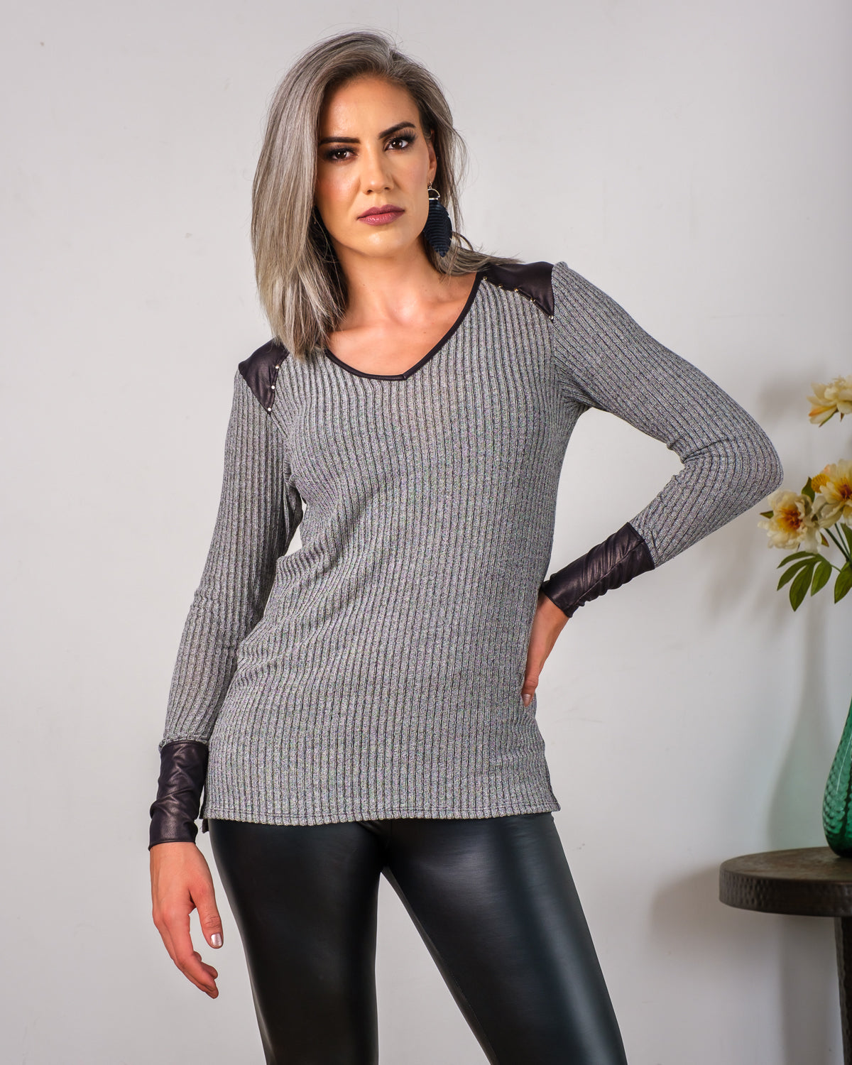 V-Neck Sweatshirt with Faux Leather