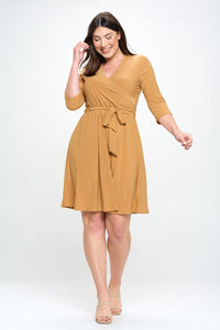 Knee-length Women's Dress with Crossed Neckline 3/4 Sleeve,