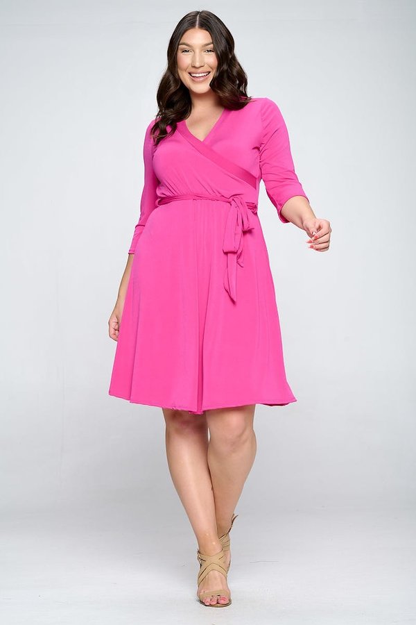 Knee-length Women's Dress with Crossed Neckline 3/4 Sleeve,